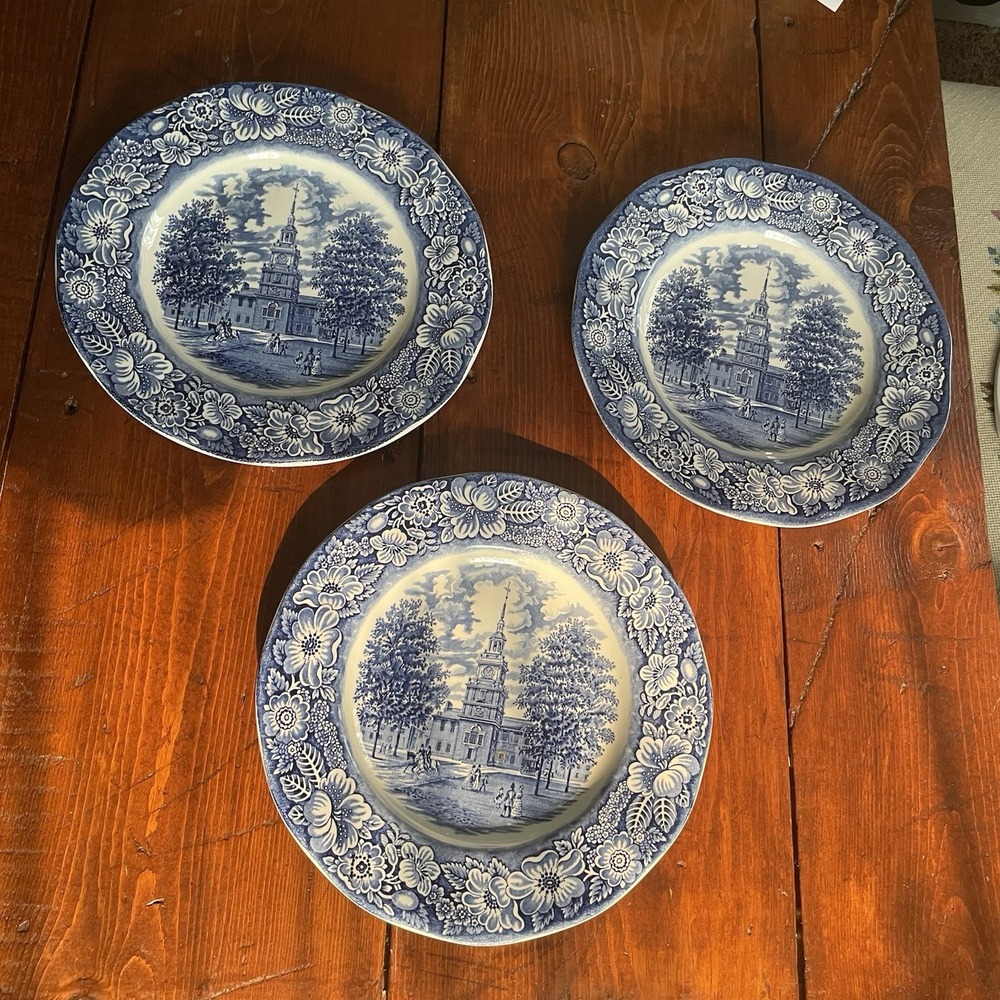 Vintage Liberty Blue Staffordshire 10" Dinner Plates Independence Hall Set of 3